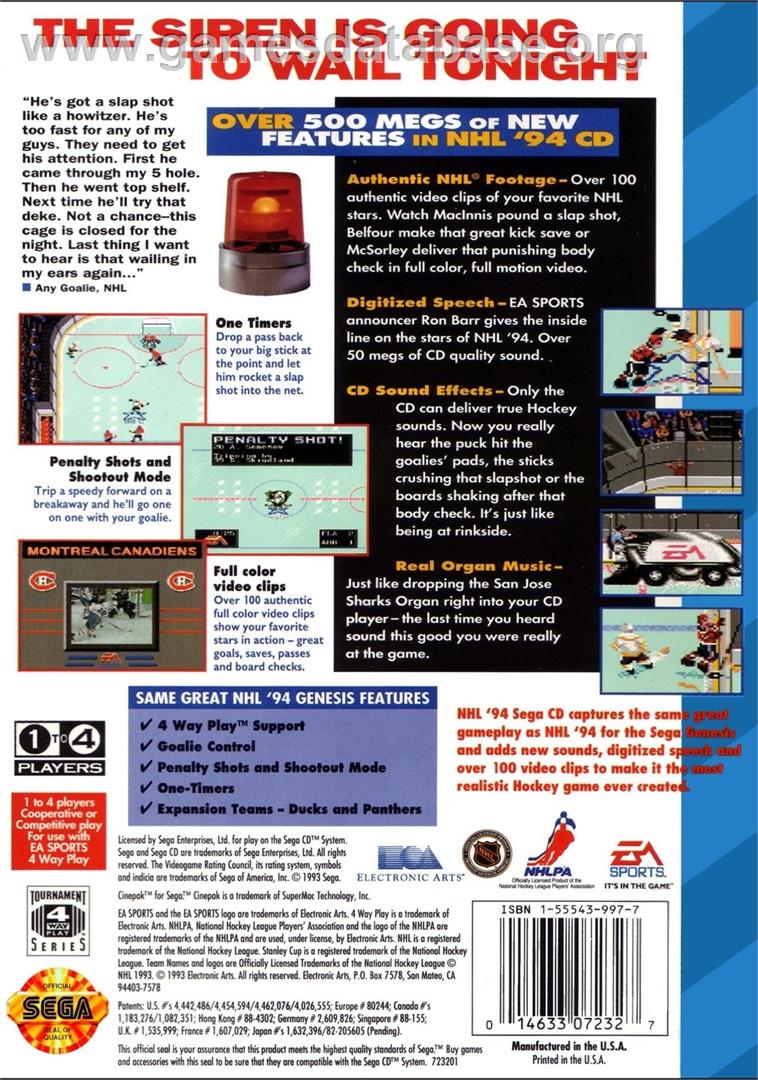 Nhl Hockey '94 - Sega CD - Artwork - Box Back