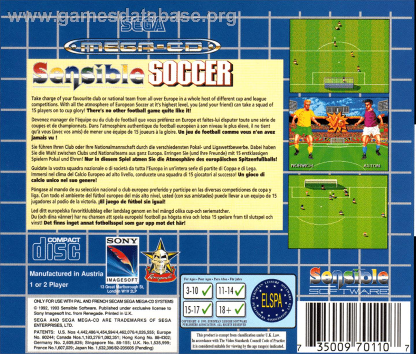 Sensible Soccer: European Champions: 92/93 Edition - Sega CD - Artwork - Box Back