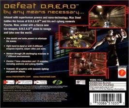 Box back cover for Max Steel: Covert Missions on the Sega Dreamcast.