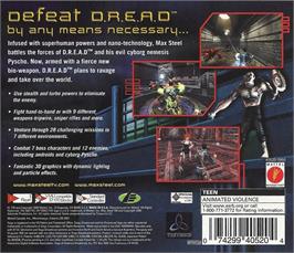 Box back cover for Max Steel Covert Missions on the Sega Dreamcast.