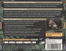 Box back cover for Seaman on the Sega Dreamcast.