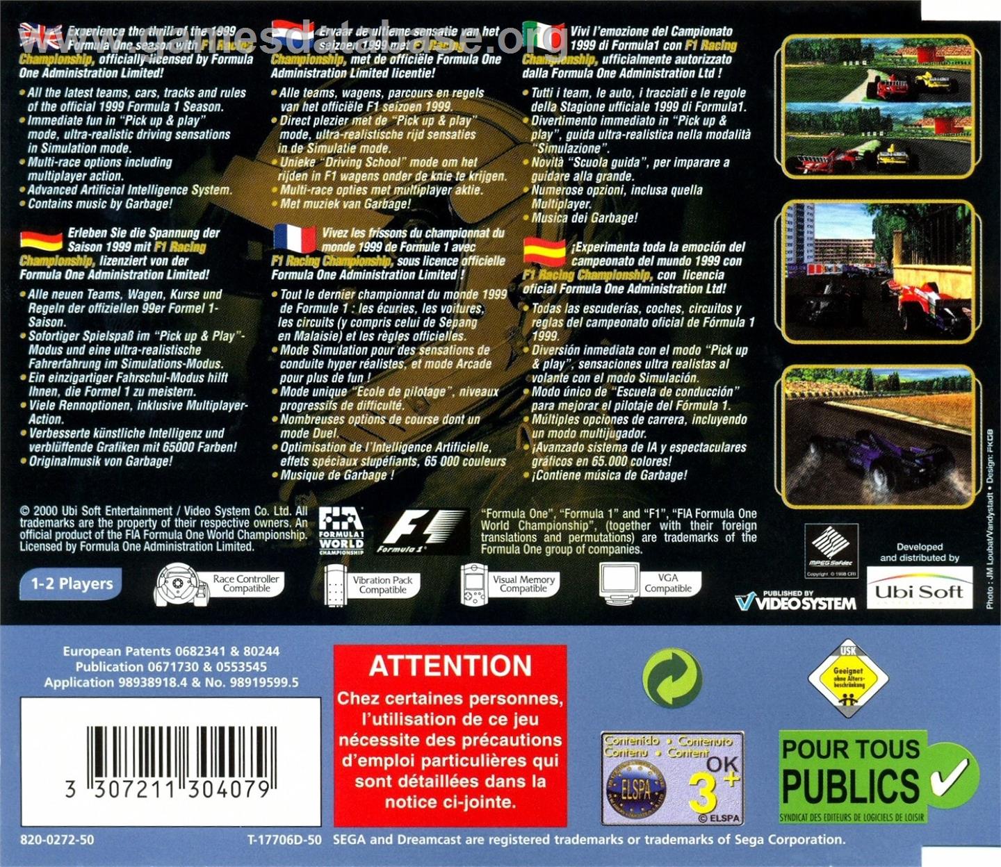 F1 Racing Championship - Sega Dreamcast - Artwork - Box Back