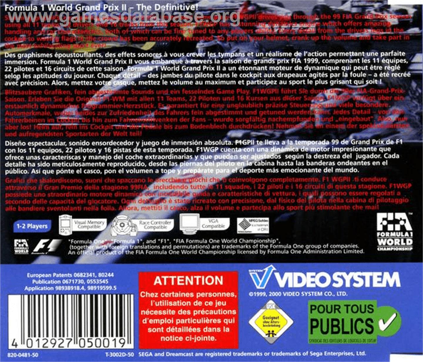 F1 World Grand Prix 2 - Sega Dreamcast - Artwork - Box Back
