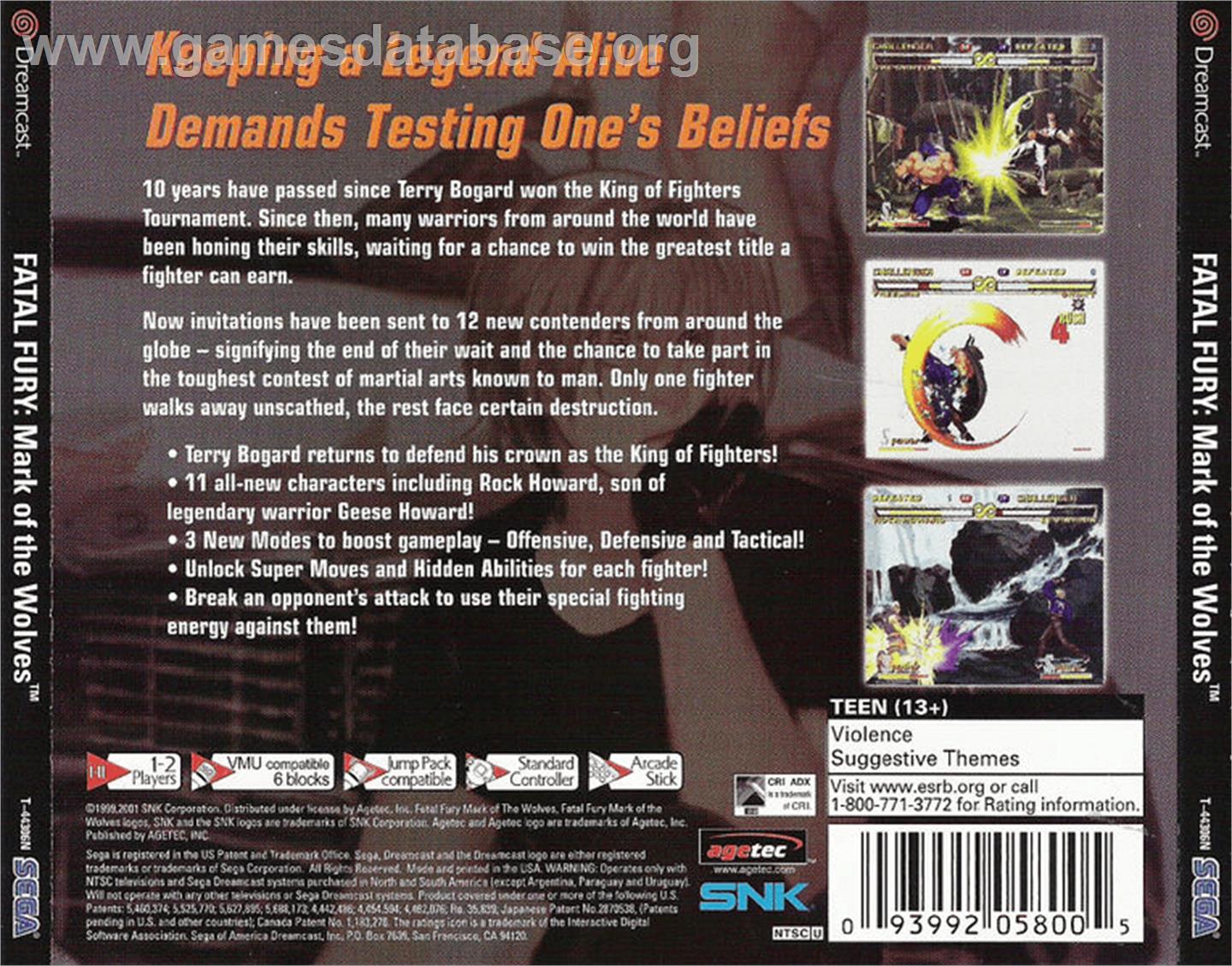 Fatal Fury: Mark of the Wolves - Sega Dreamcast - Artwork - Box Back