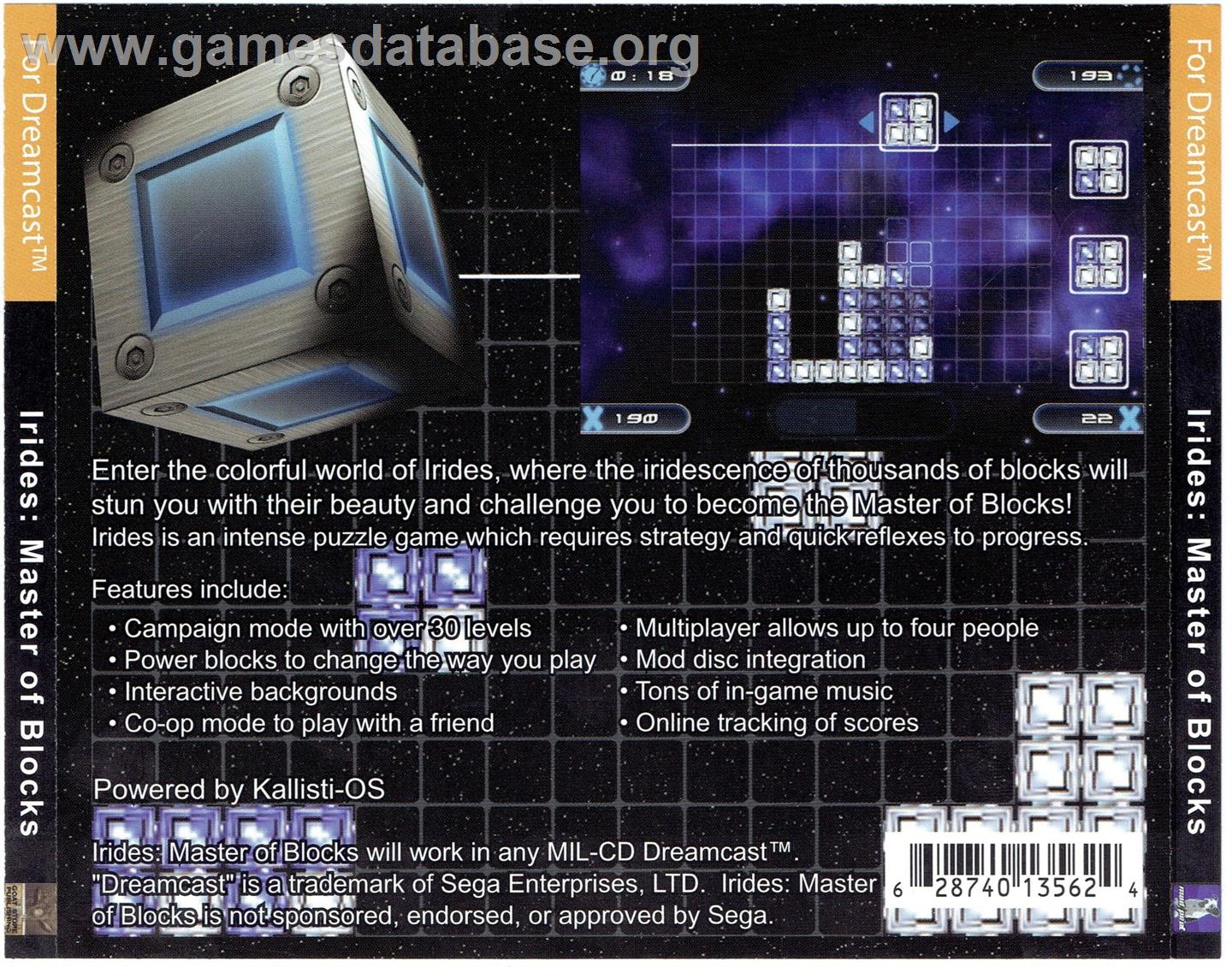 Irides - Master of Blocks - Sega Dreamcast - Artwork - Box Back