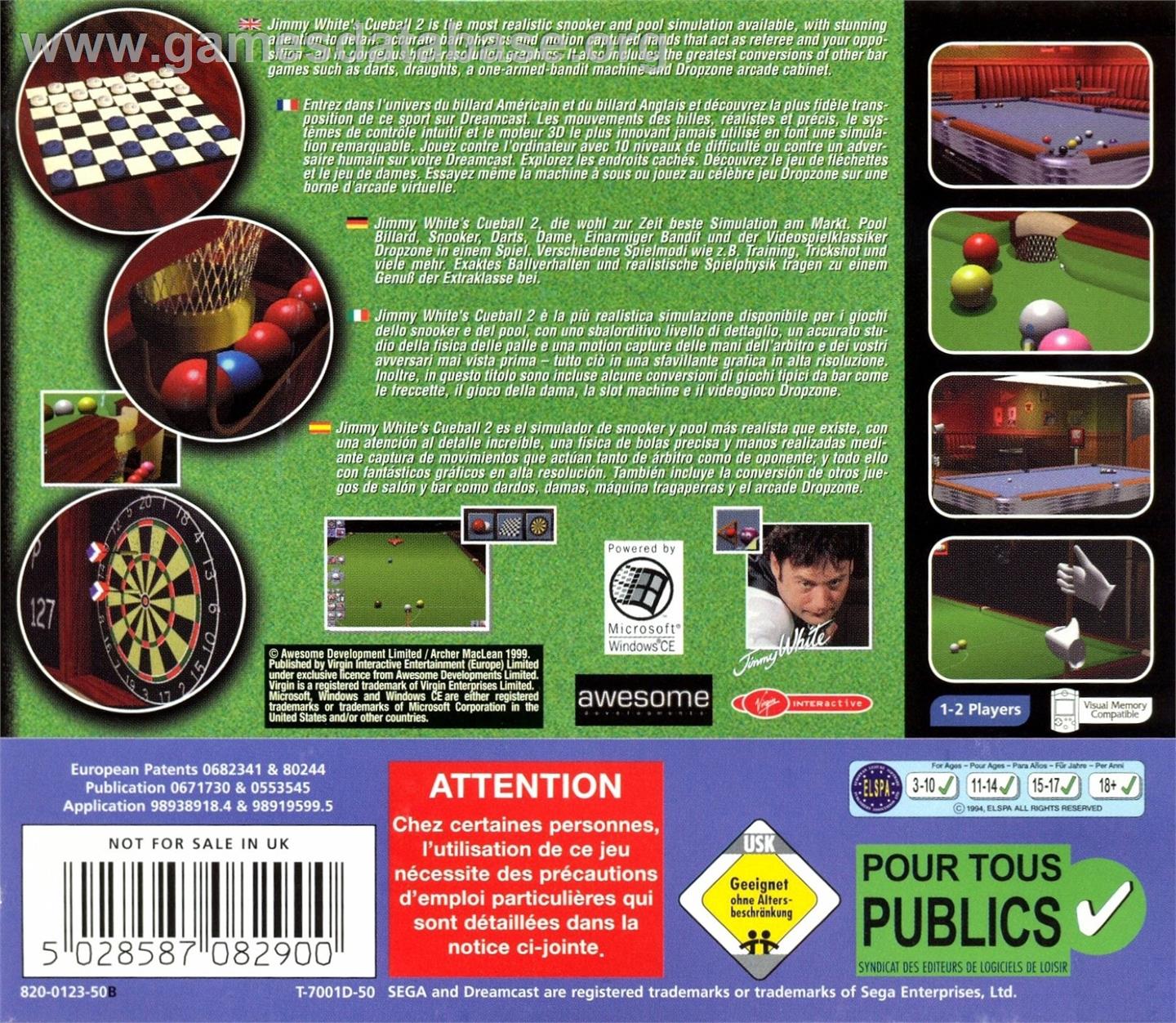 Jimmy White's 2 - Cueball - Sega Dreamcast - Artwork - Box Back