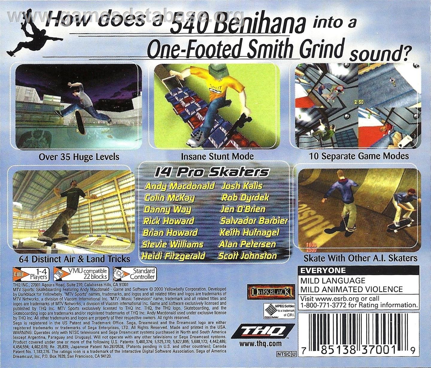 MTV Sports: Skateboarding Featuring Andy Macdonald - Sega Dreamcast - Artwork - Box Back