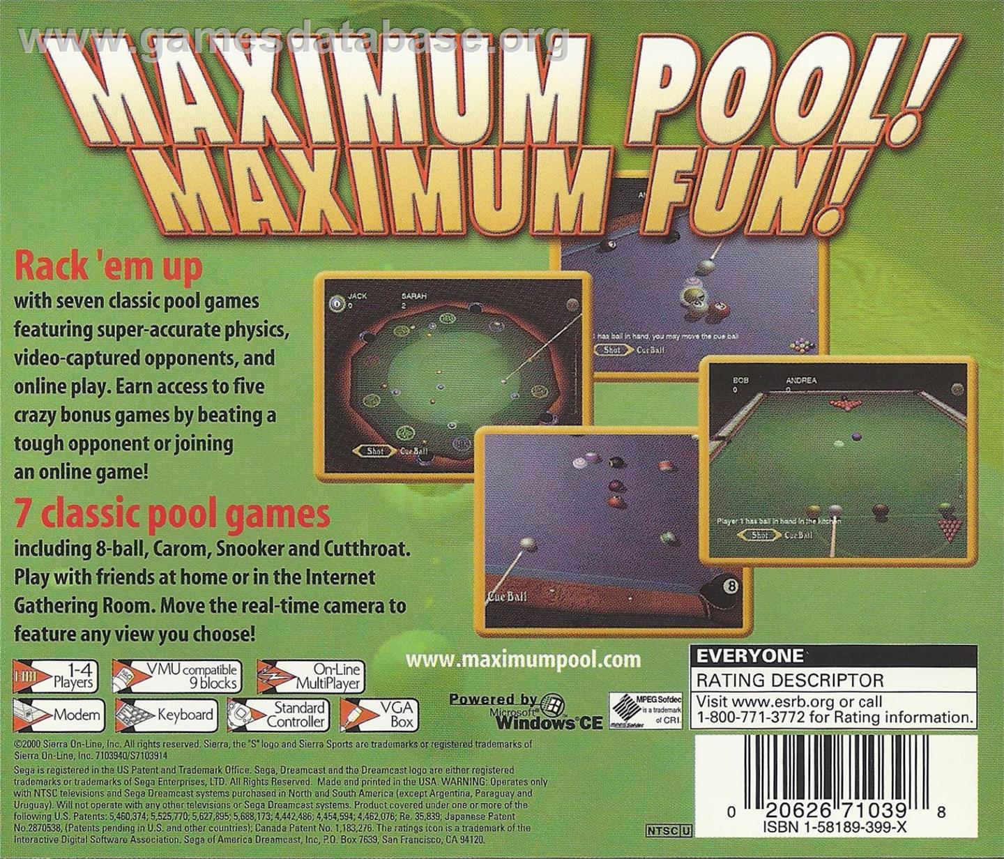 Maximum Pool - Sega Dreamcast - Artwork - Box Back