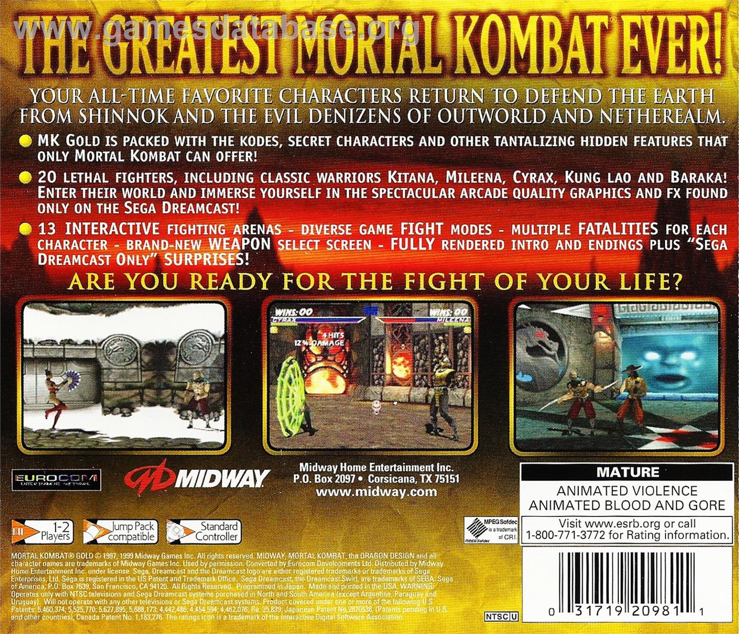 Mortal Kombat Gold - Sega Dreamcast - Artwork - Box Back