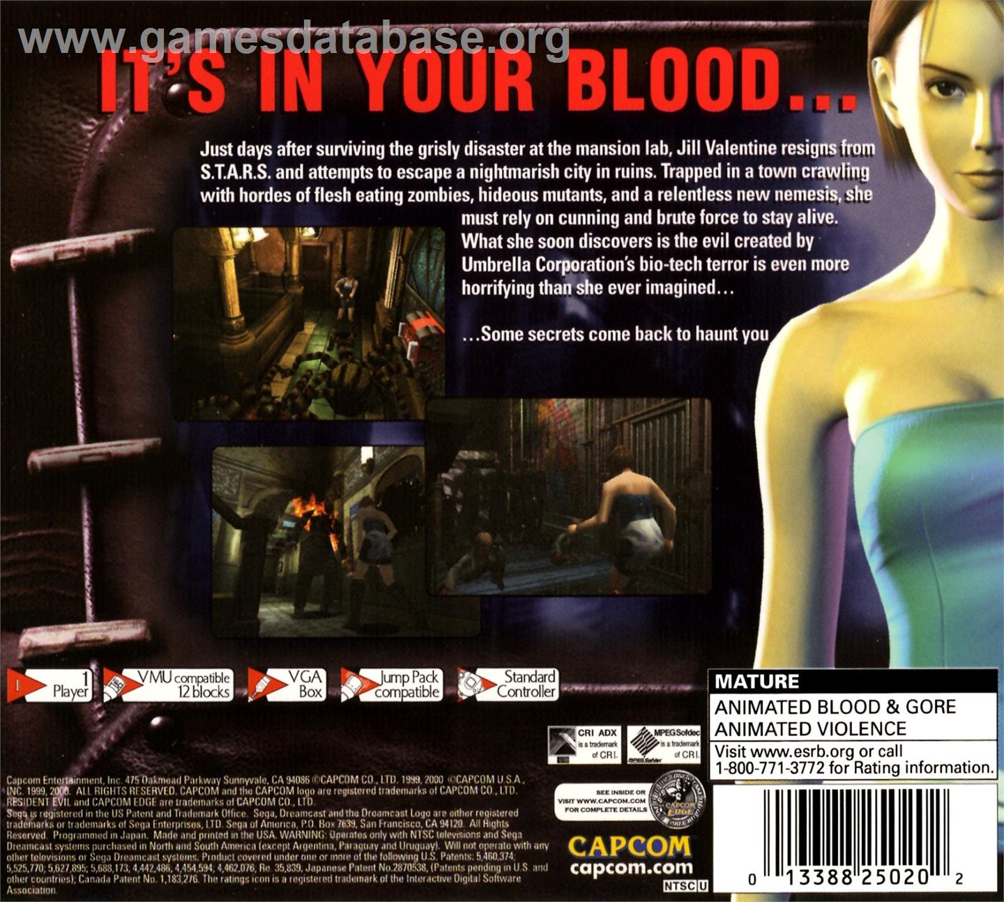 Resident Evil 3 - Nemesis - Sega Dreamcast - Artwork - Box Back