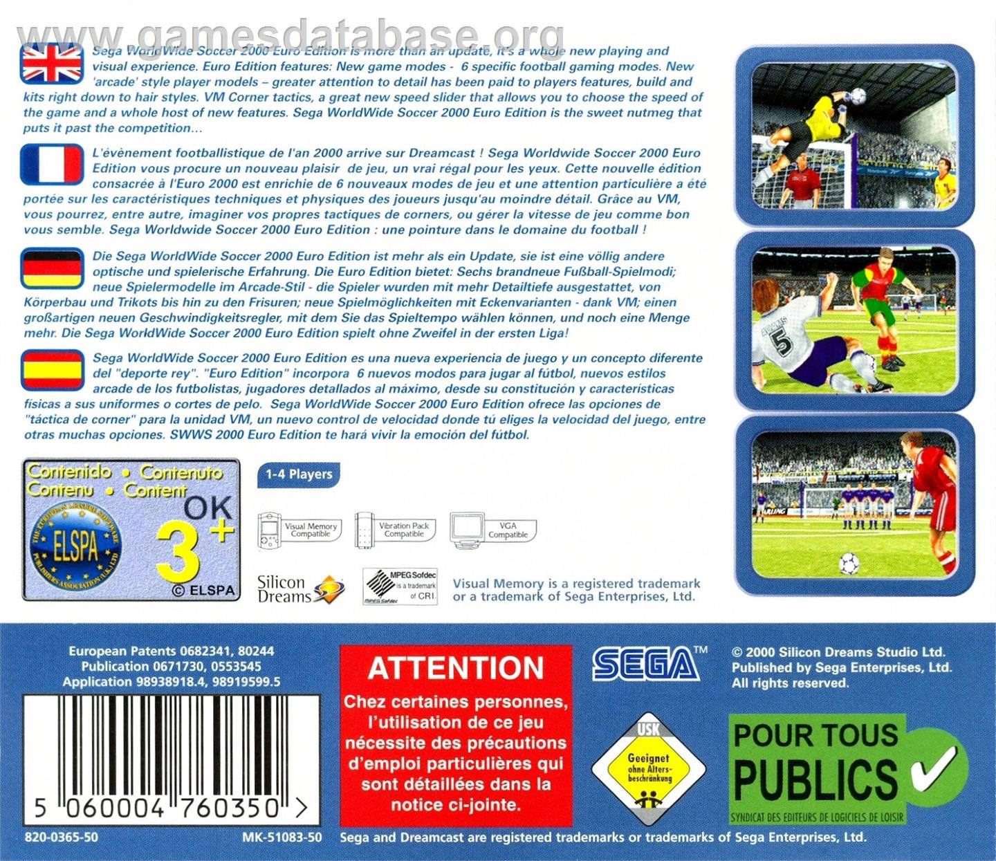 Sega Worldwide Soccer 2000 - Euro Edition - Sega Dreamcast - Artwork - Box Back