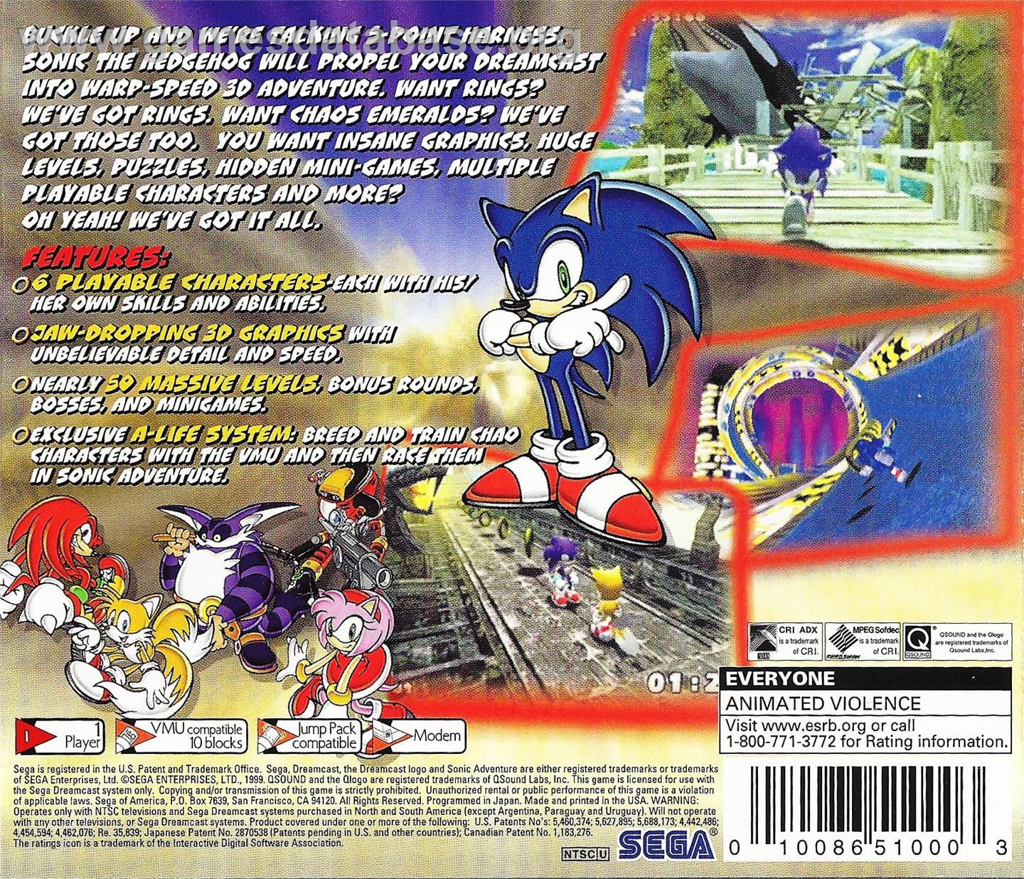 Sonic Adventure - Sega Dreamcast - Artwork - Box Back