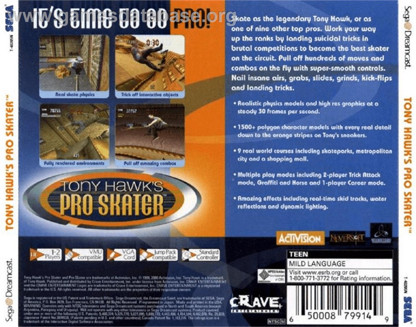 Tony Hawk's Pro Skater - Sega Dreamcast - Artwork - Box Back