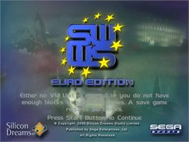 Title screen of Sega Worldwide Soccer 2000 - Euro Edition on the Sega Dreamcast.