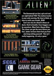 Box back cover for Alien 3 on the Sega Game Gear.