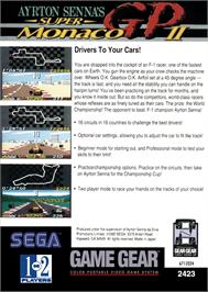 Box back cover for Ayrton Senna's Super Monaco Gp 2 on the Sega Game Gear.