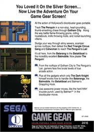 Box back cover for Batman Returns on the Sega Game Gear.