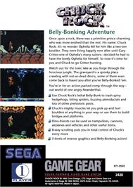Box back cover for Chuck Rock on the Sega Game Gear.