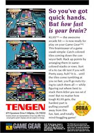Box back cover for Klax on the Sega Game Gear.