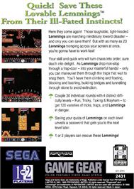 Box back cover for Lemmings on the Sega Game Gear.