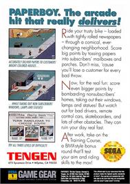 Box back cover for Paperboy on the Sega Game Gear.