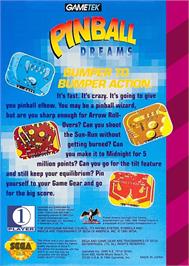 Box back cover for Pinball Dreams on the Sega Game Gear.
