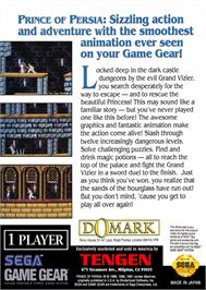 Box back cover for Prince Of Persia on the Sega Game Gear.