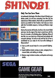 Box back cover for Shinobi on the Sega Game Gear.