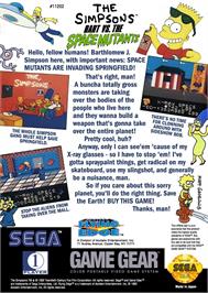 Box back cover for Simpsons - Bart Vs The Space Mutants, The on the Sega Game Gear.