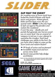 Box back cover for Slider on the Sega Game Gear.