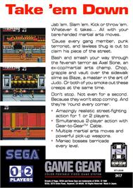 Box back cover for Streets Of Rage on the Sega Game Gear.