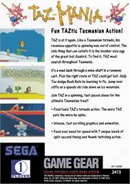 Box back cover for Taz-mania on the Sega Game Gear.