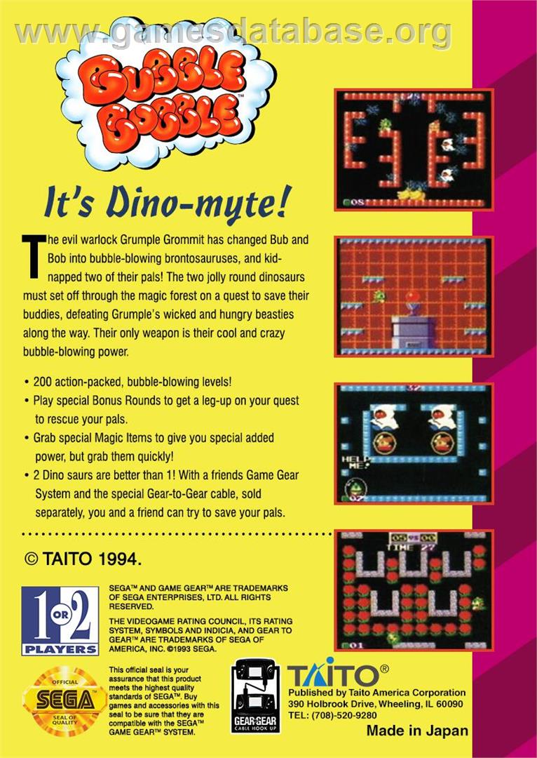 Bubble Bobble - Sega Game Gear - Artwork - Box Back