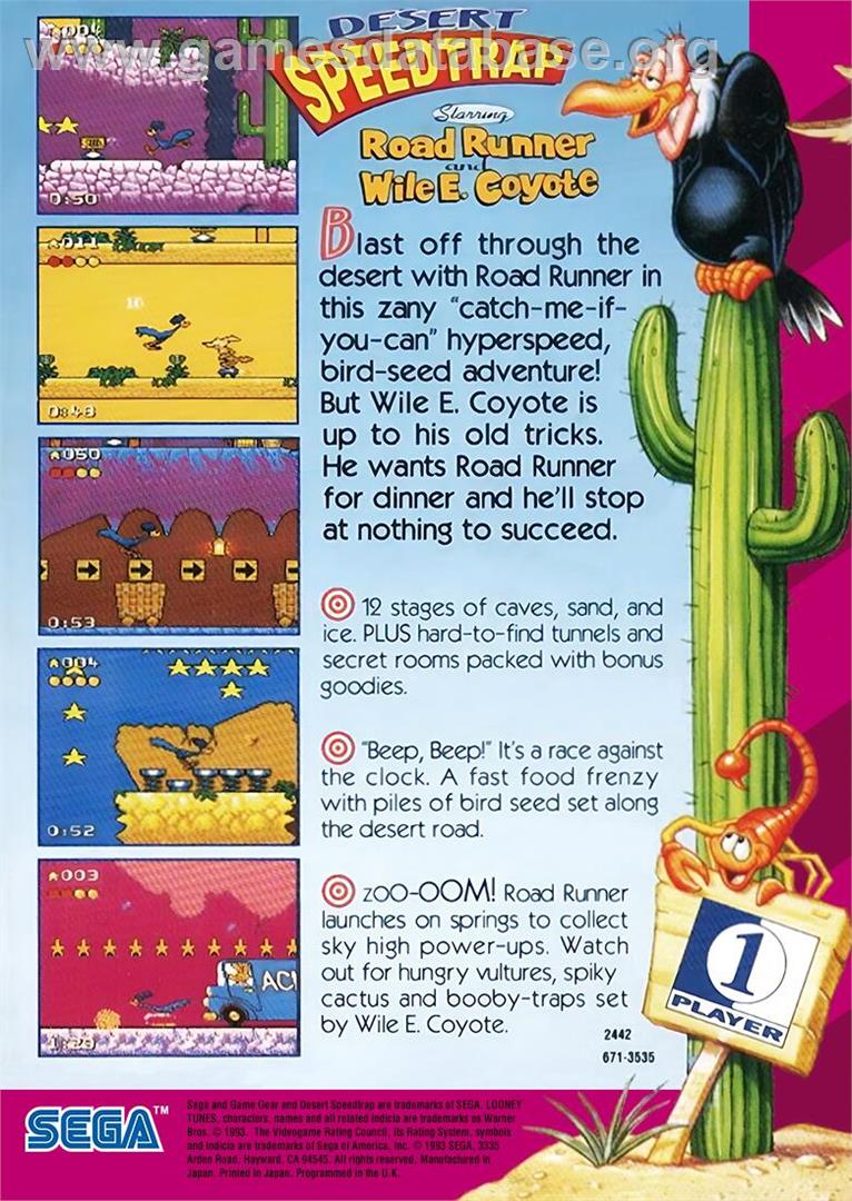 Desert Speedtrap Starring Road Runner And Wile E. Coyote - Sega Game Gear - Artwork - Box Back