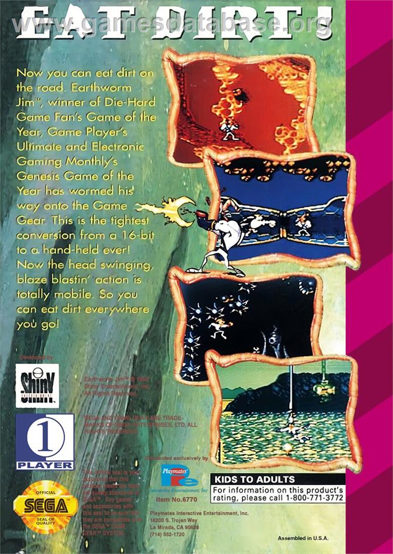 Earthworm Jim - Sega Game Gear - Artwork - Box Back