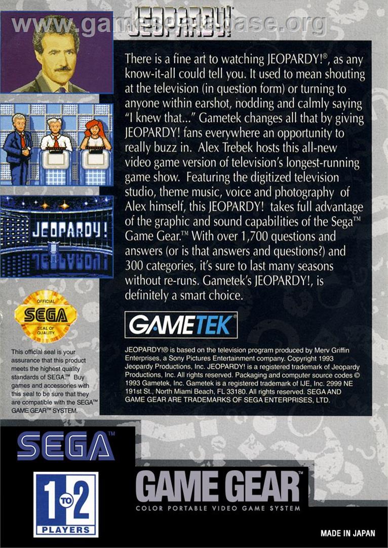 Jeopardy! - Sega Game Gear - Artwork - Box Back
