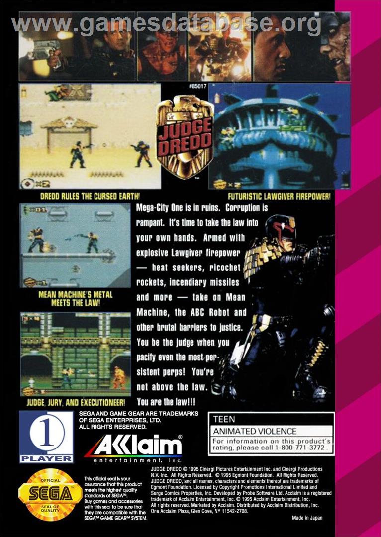 Judge Dredd - Sega Game Gear - Artwork - Box Back