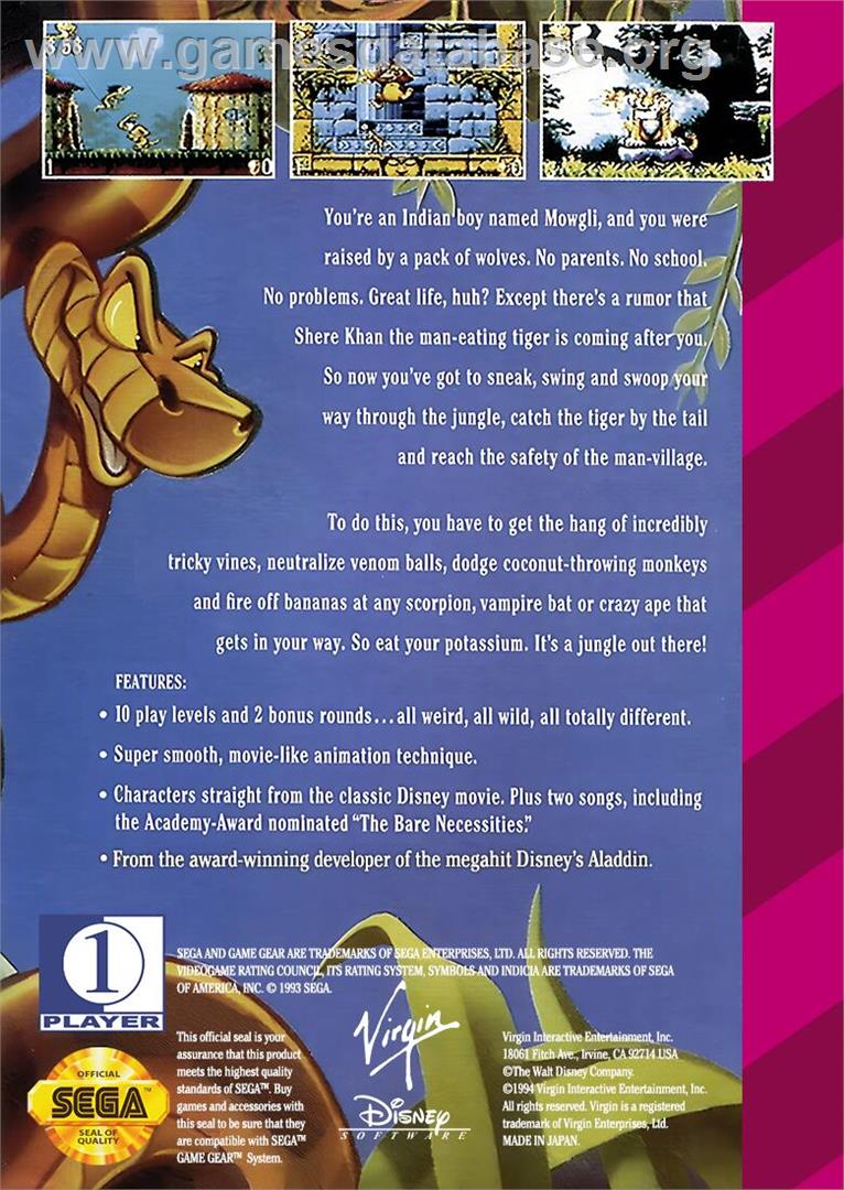 Jungle Book, The - Sega Game Gear - Artwork - Box Back