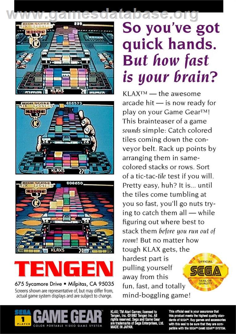 Klax - Sega Game Gear - Artwork - Box Back