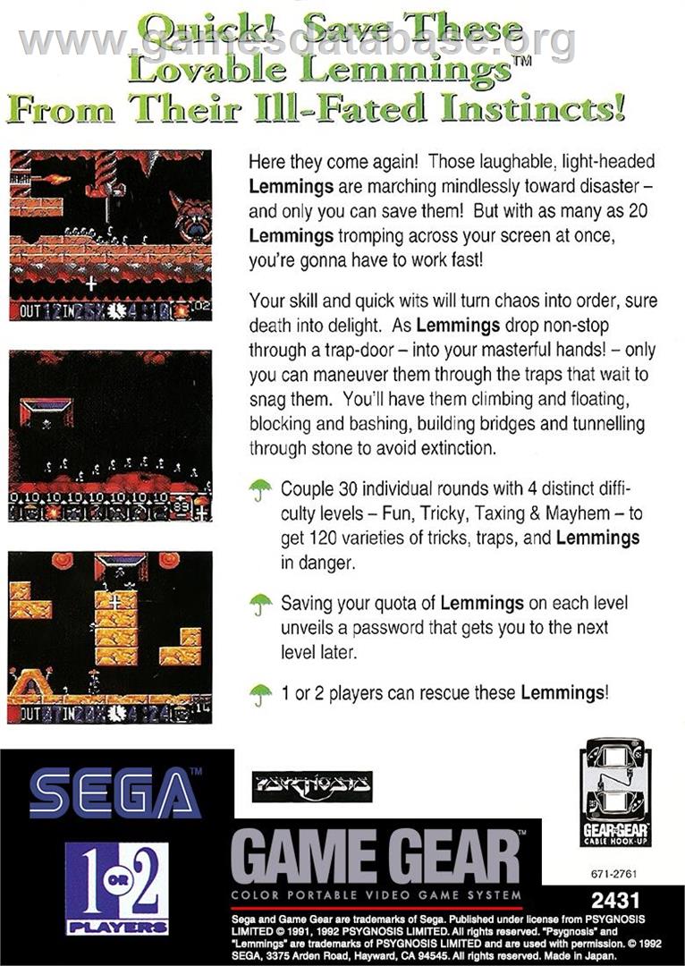 Lemmings - Sega Game Gear - Artwork - Box Back