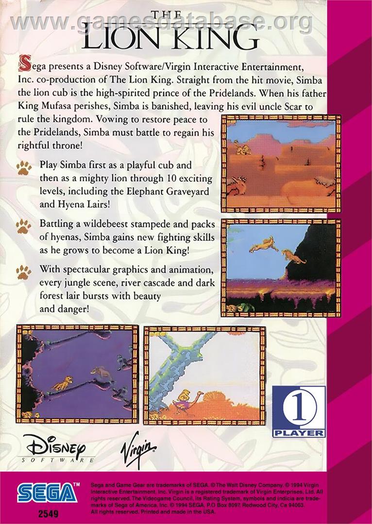 Lion King ,The - Sega Game Gear - Artwork - Box Back