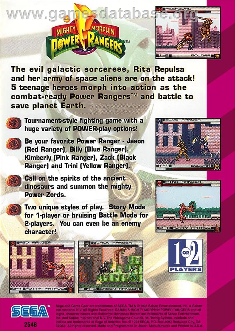 Mighty Morphin Power Rangers - Sega Game Gear - Artwork - Box Back
