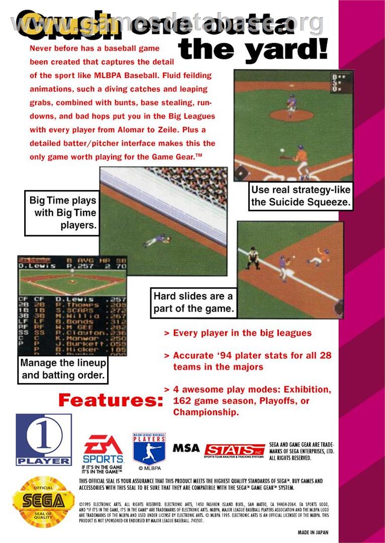 Mlbpa Baseball - Sega Game Gear - Artwork - Box Back