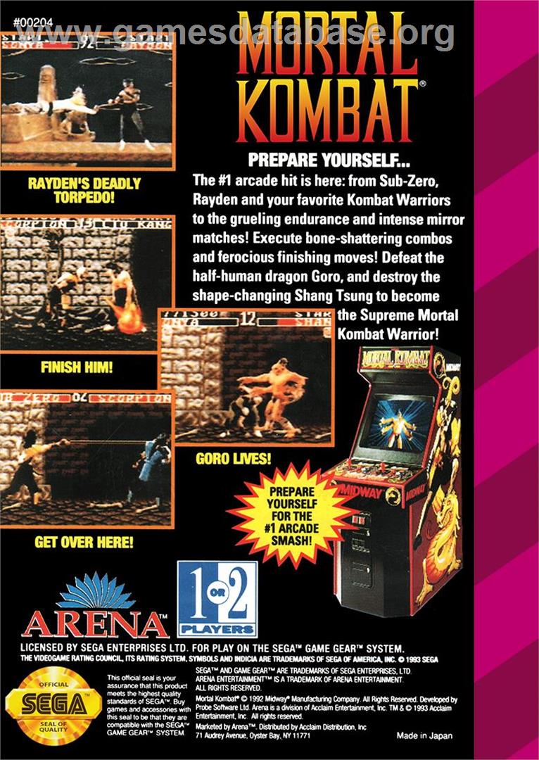 Mortal Kombat - Sega Game Gear - Artwork - Box Back