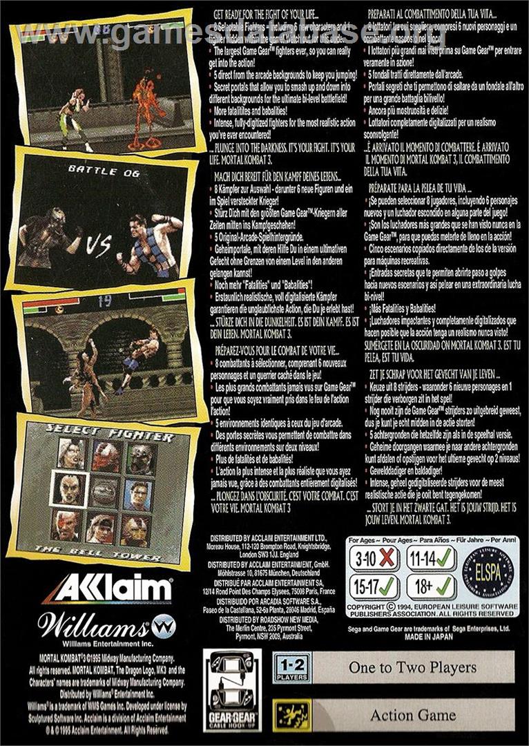 Mortal Kombat 3 - Sega Game Gear - Artwork - Box Back