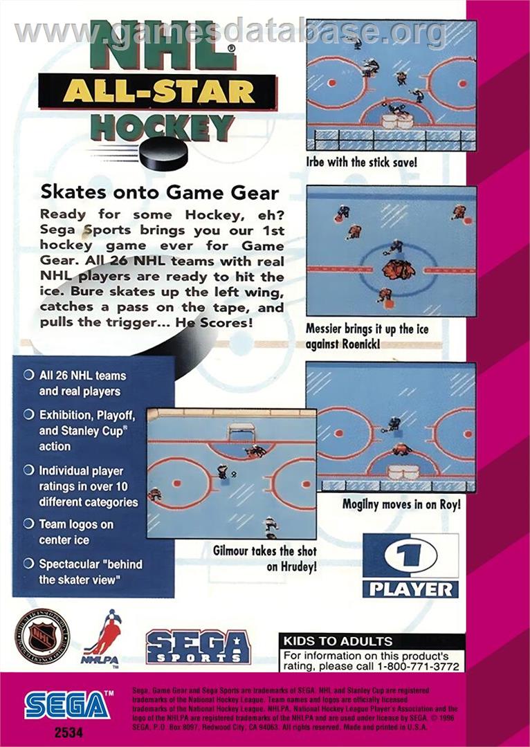 NHL All-Star Hockey - Sega Game Gear - Artwork - Box Back