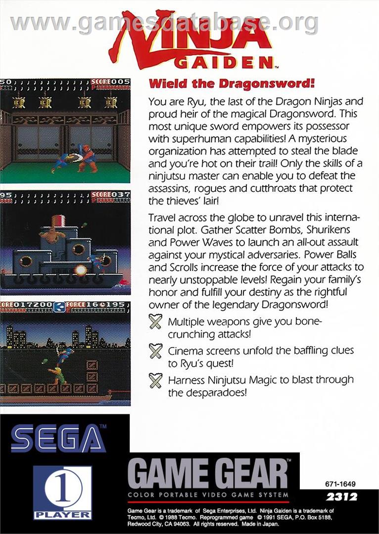 Ninja Gaiden - Sega Game Gear - Artwork - Box Back