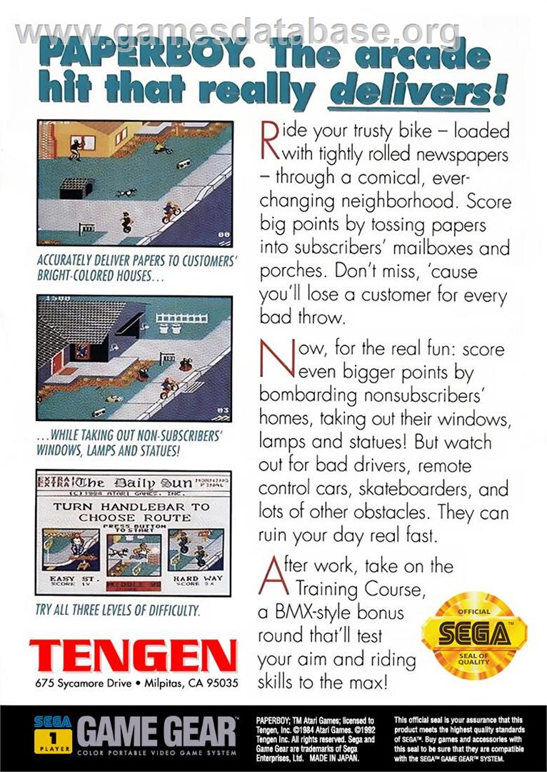 Paperboy - Sega Game Gear - Artwork - Box Back