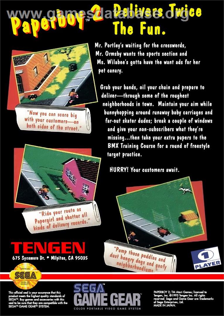 Paperboy 2 - Sega Game Gear - Artwork - Box Back
