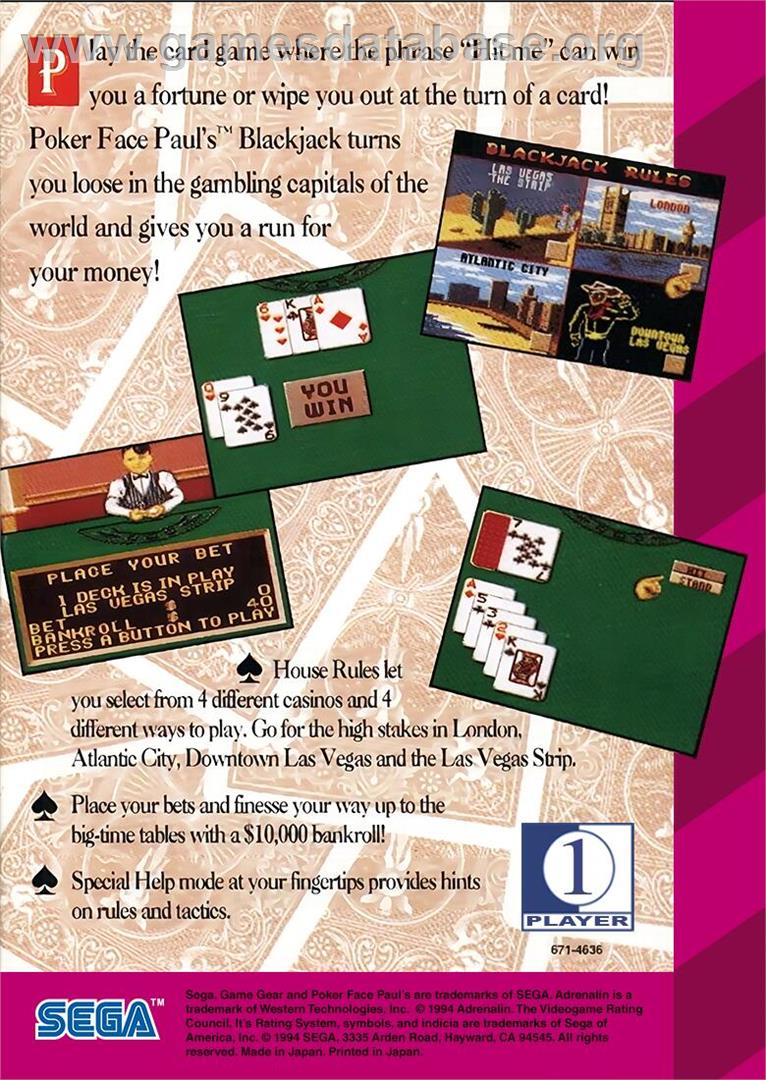 Poker Faced Paul's Blackjack - Sega Game Gear - Artwork - Box Back